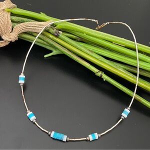 Vintage Southwestern Silver & Turquoise Tube Beads 12” Choker Necklace 4g